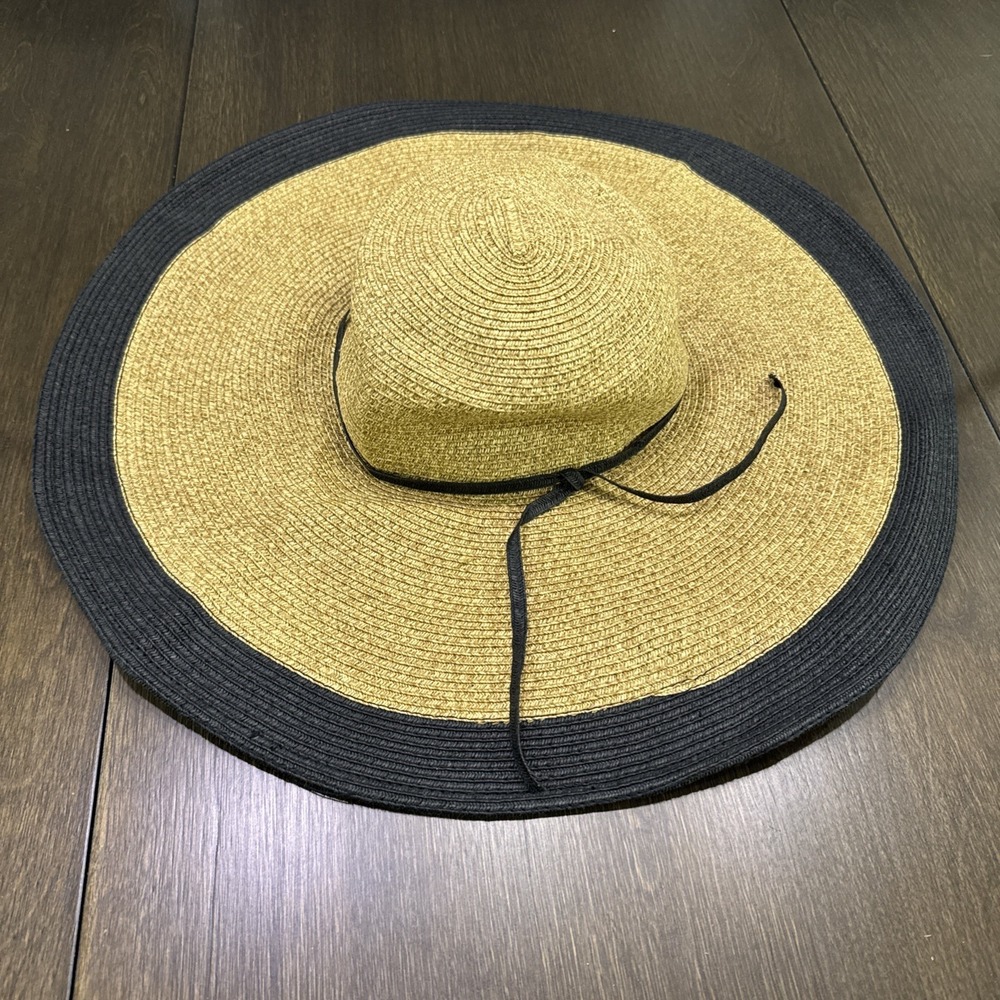 Papillon‎ Hat Womens One Size Beige W/black Wide Brim Floppy Beach Sun Hat 22.5"